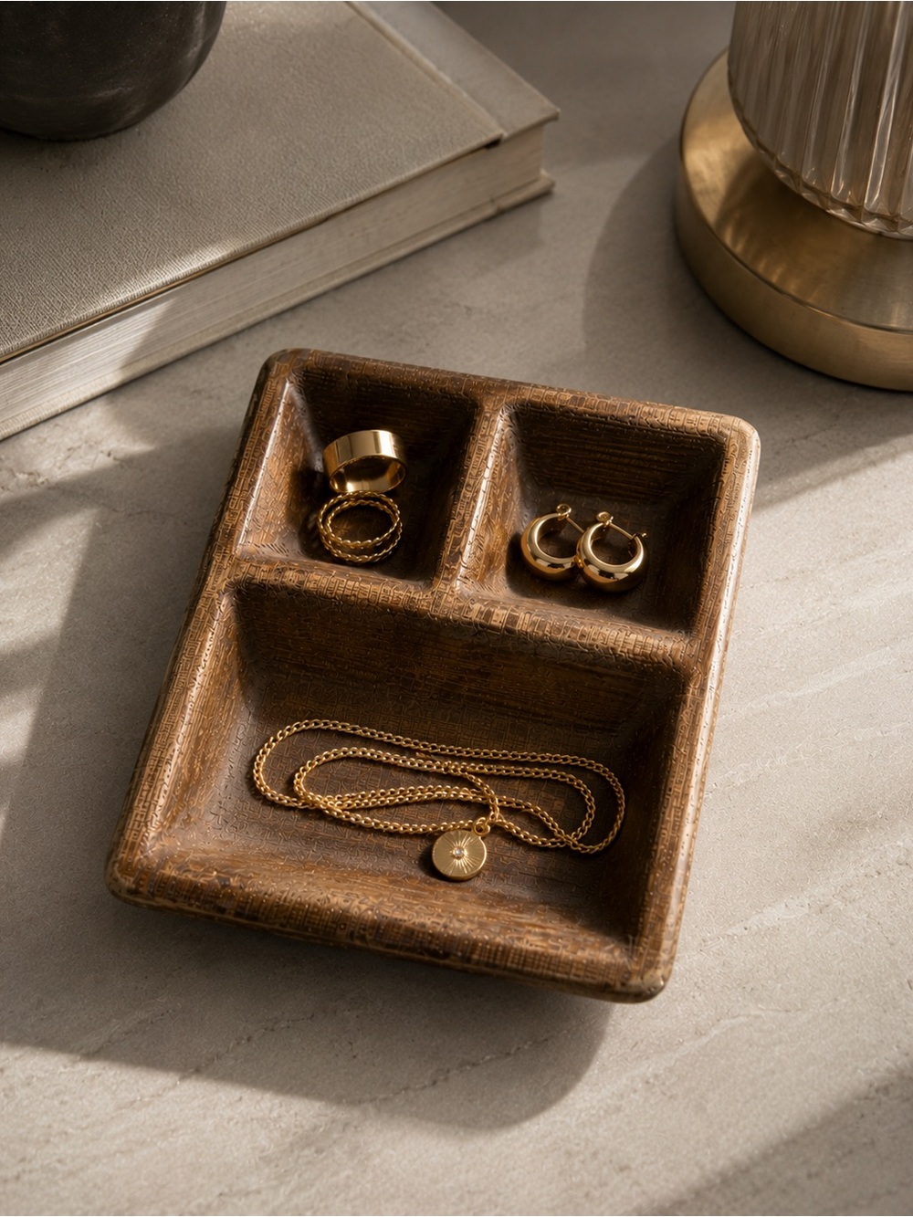 Vintage Brown Wooden Divided Catchall Tray